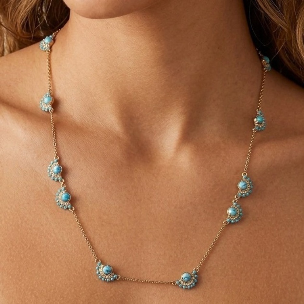 NWT Ann Taylor Gold Tone Turquoise Stone & Crystal Station Necklace Floral Boho